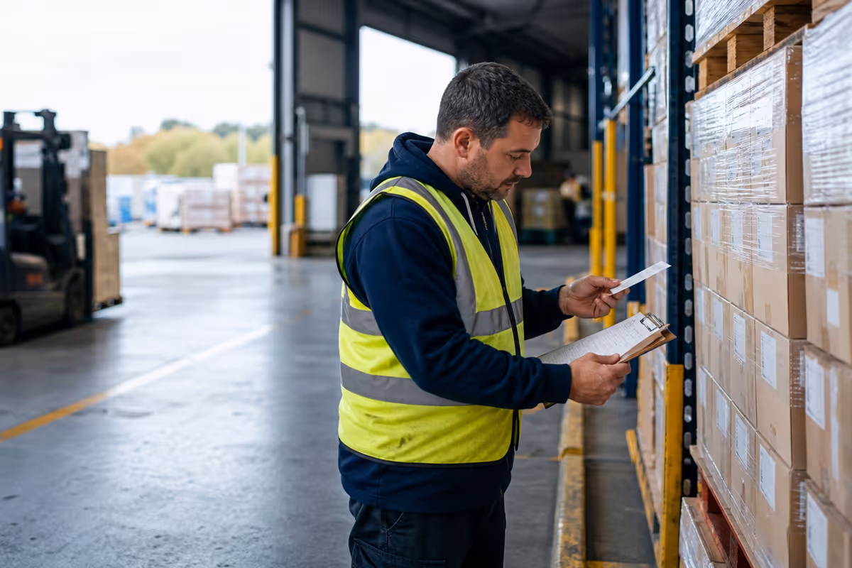 Warehouse planner verifying inventory and customer flow
