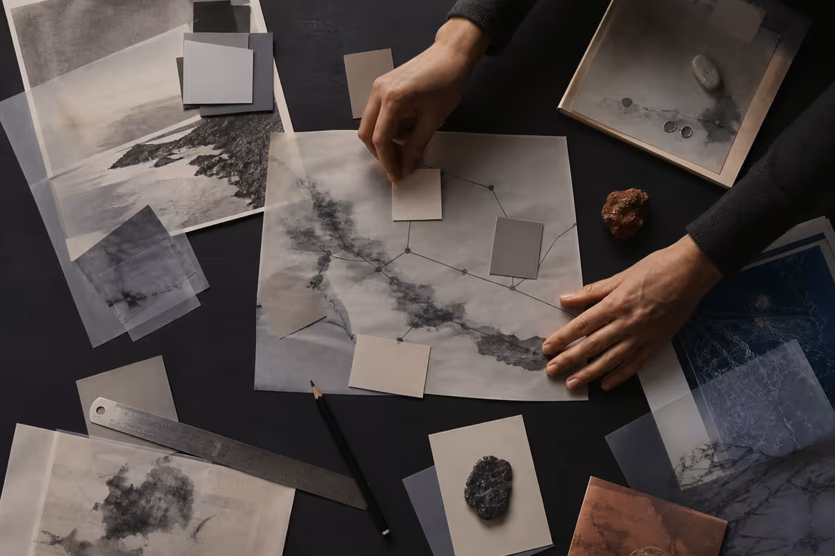 Hands arranging layered evidence cards and tracing paper