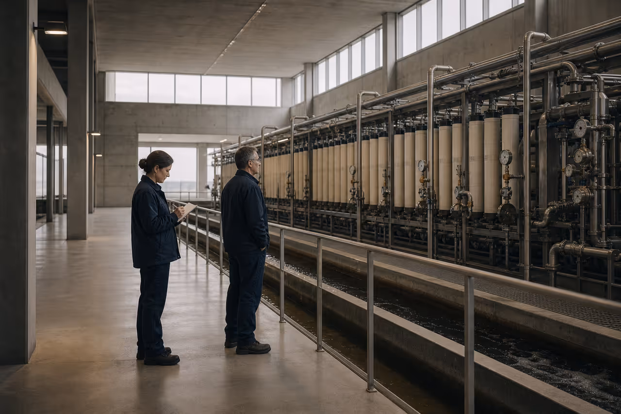 Two observers taking notes beside a municipal water filtration line
