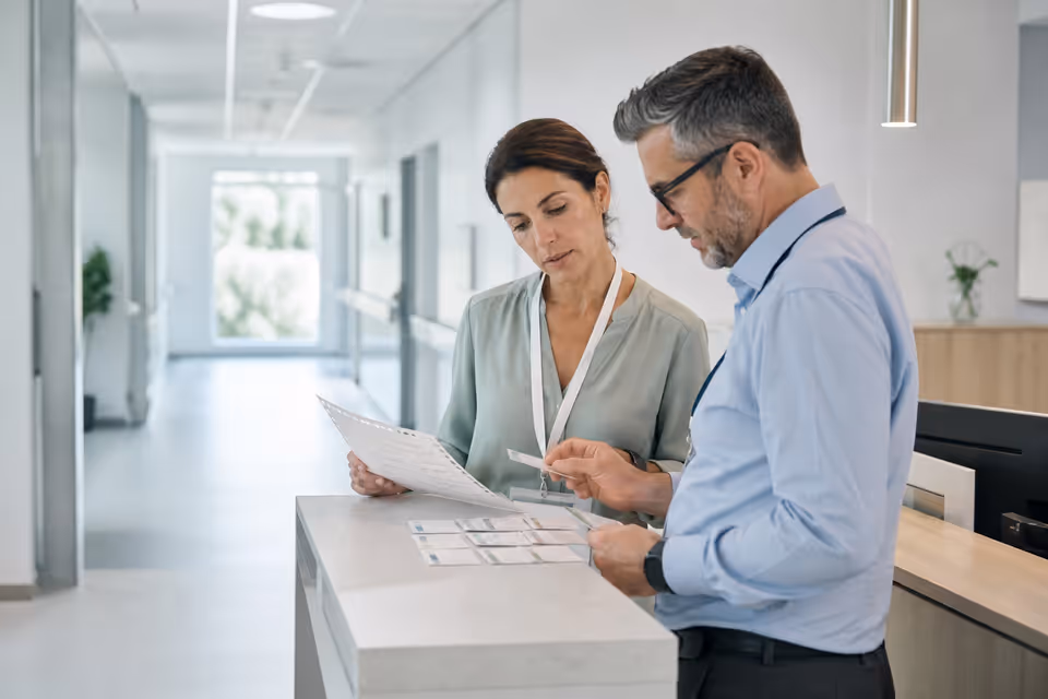 Healthcare operations professionals reviewing a handoff checklist
