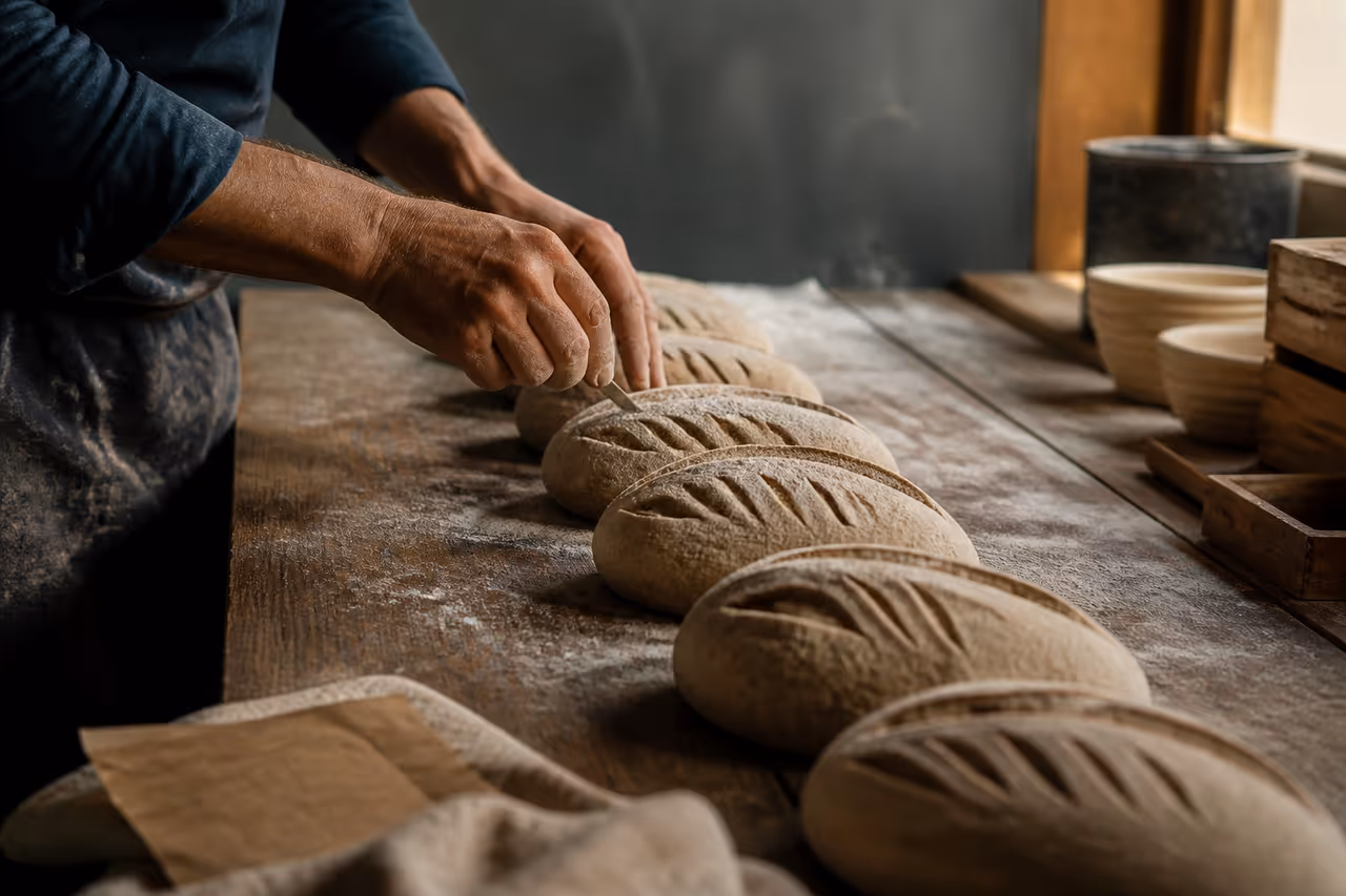 Baker making a small precise adjustment to a row of scored loaves