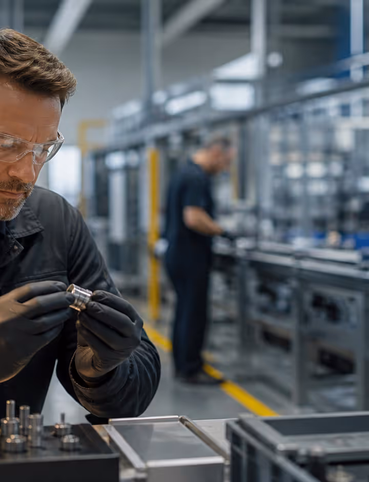 An operator checking a precise component at a clean manufacturing station