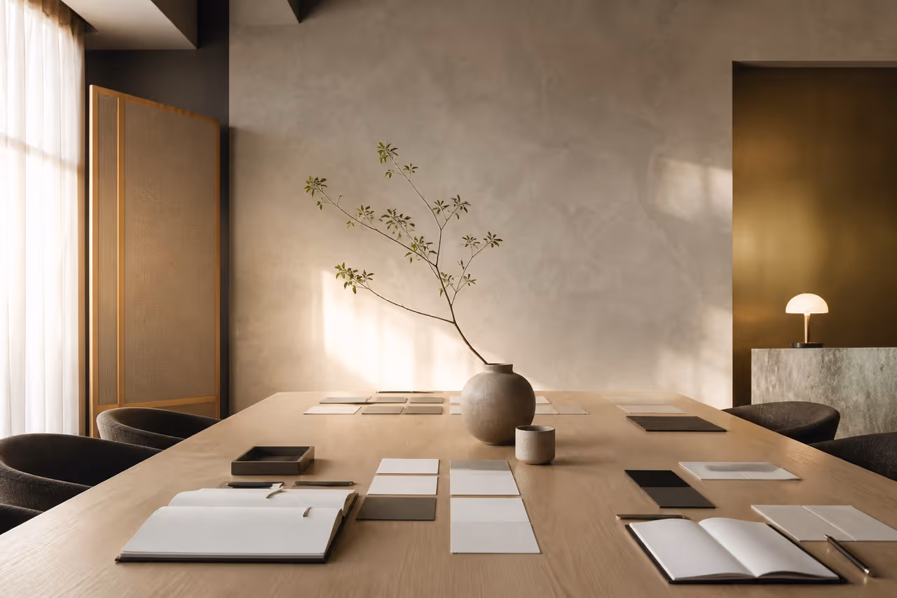 A quiet studio with a long table prepared for a thoughtful transformation workshop