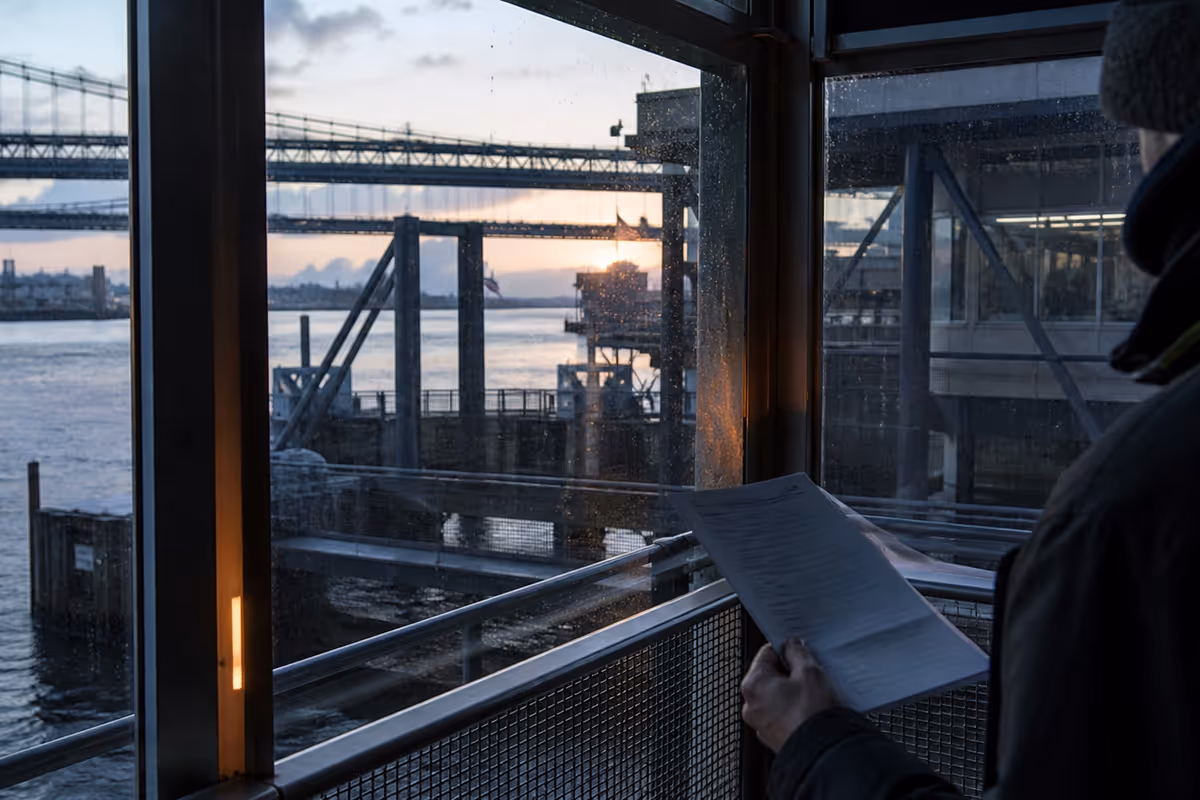 A bridge and ferry terminal seen through rain-speckled glass at dawn