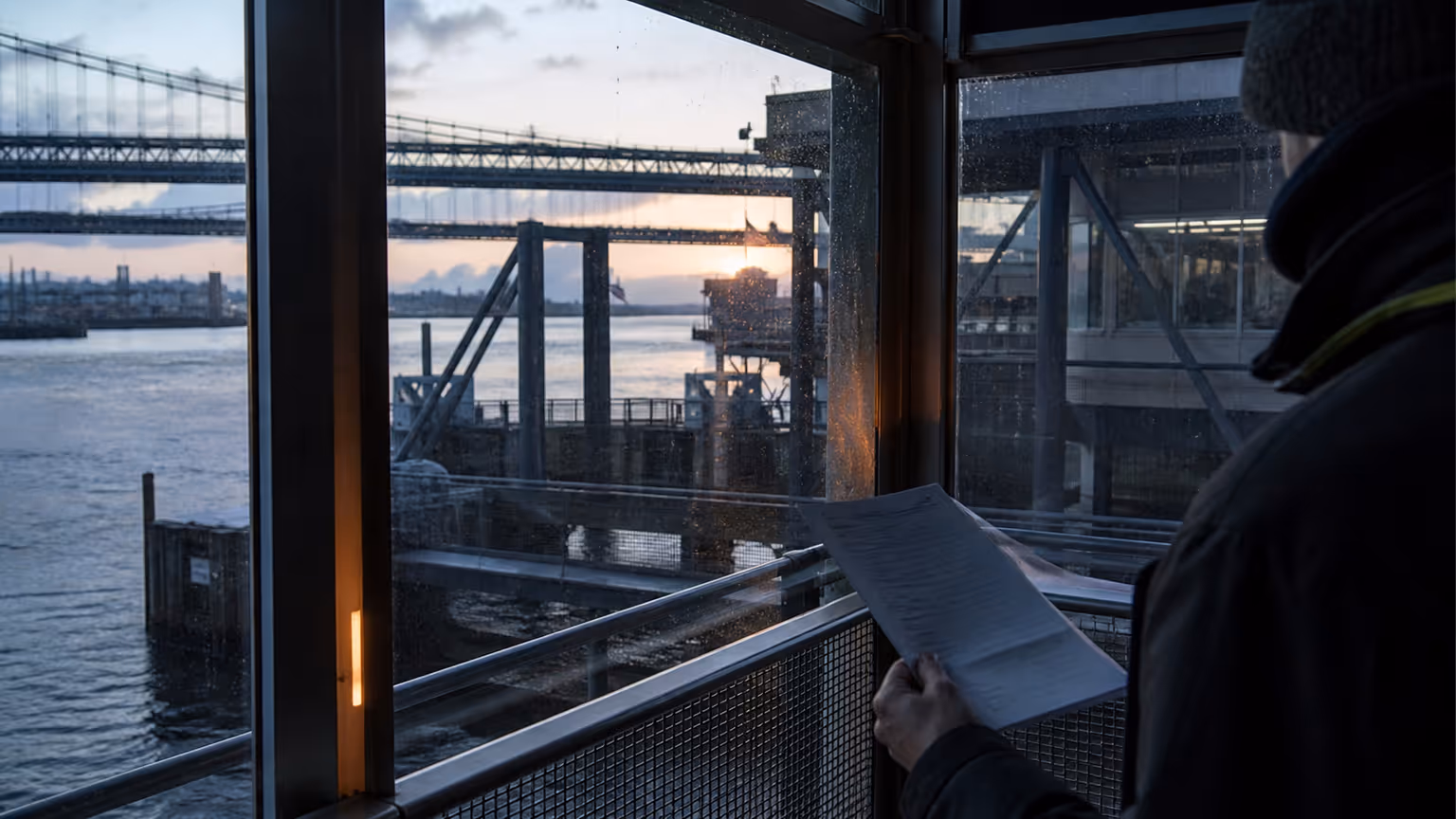 A ferry terminal and bridge seen through rain-speckled glass at dawn