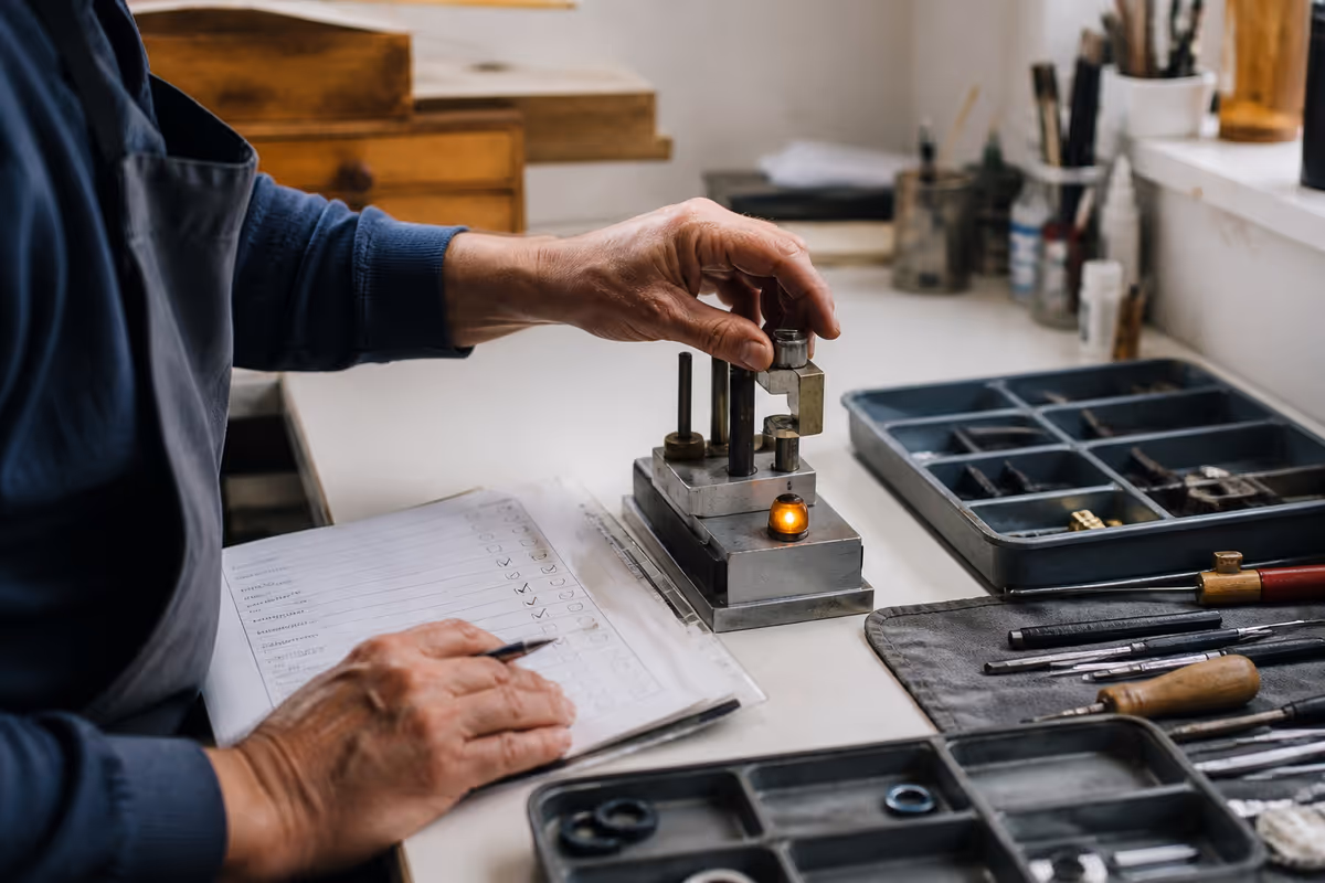 Service worker completing a careful process step at an organized repair bench