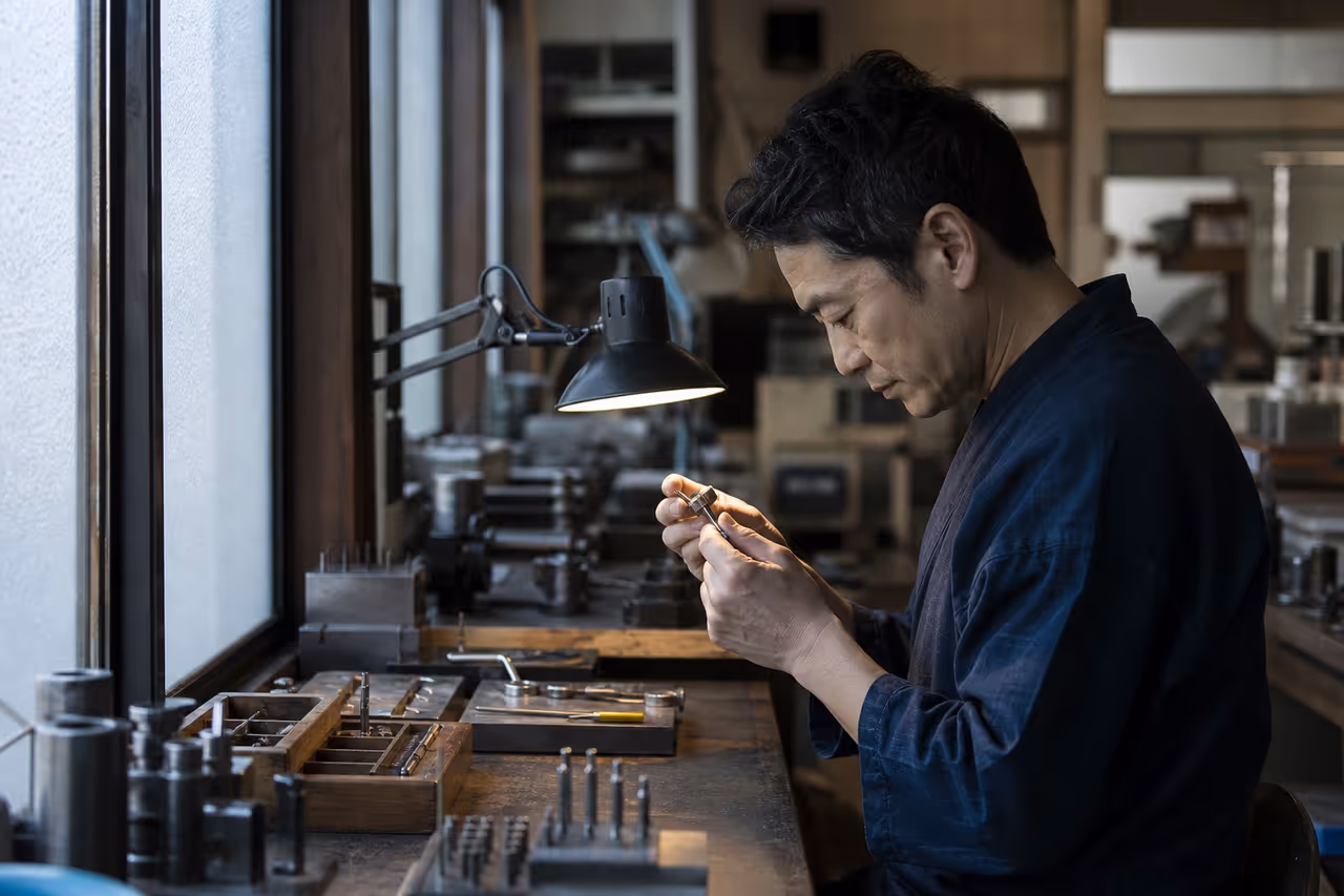 Craft worker inspecting a small machined component in a Tokyo workshop